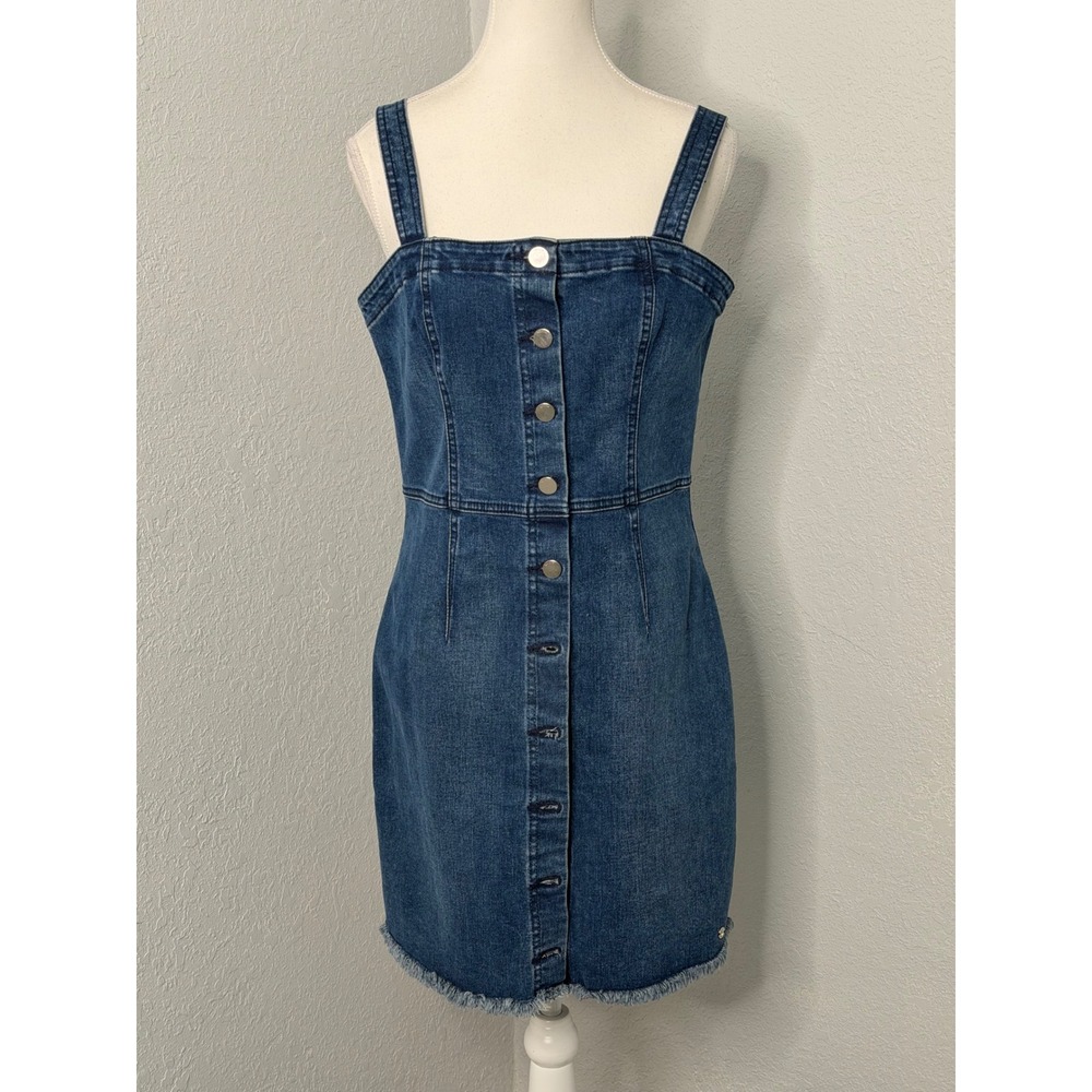 Volcom Denim‎ Mini Dress Blue Button Front Raw Hem Sleeveless Medium Wash Size L